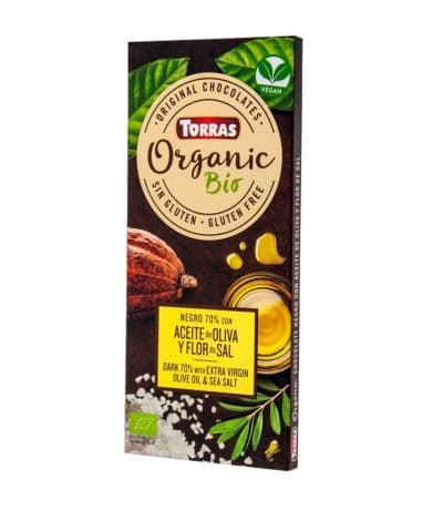 Chocolate Negro 70% Cacao con Aceite de Oliva y Flor de Sal SinGluten Bio Vegan 100g Torras
