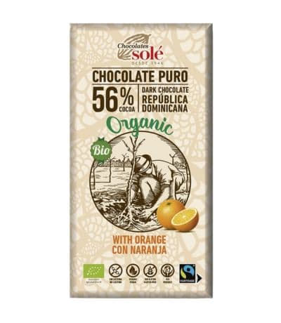 Chocolate Negro 56% con Naranja SinGluten Bio Vegan 100g Chocolates Sole