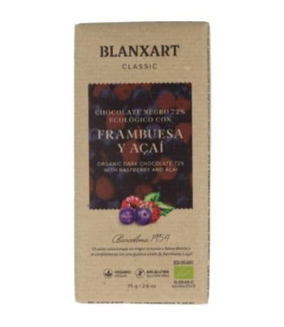 Choco Negro 72 Cacao Frambuesa Açai Eco 75g Blanxart